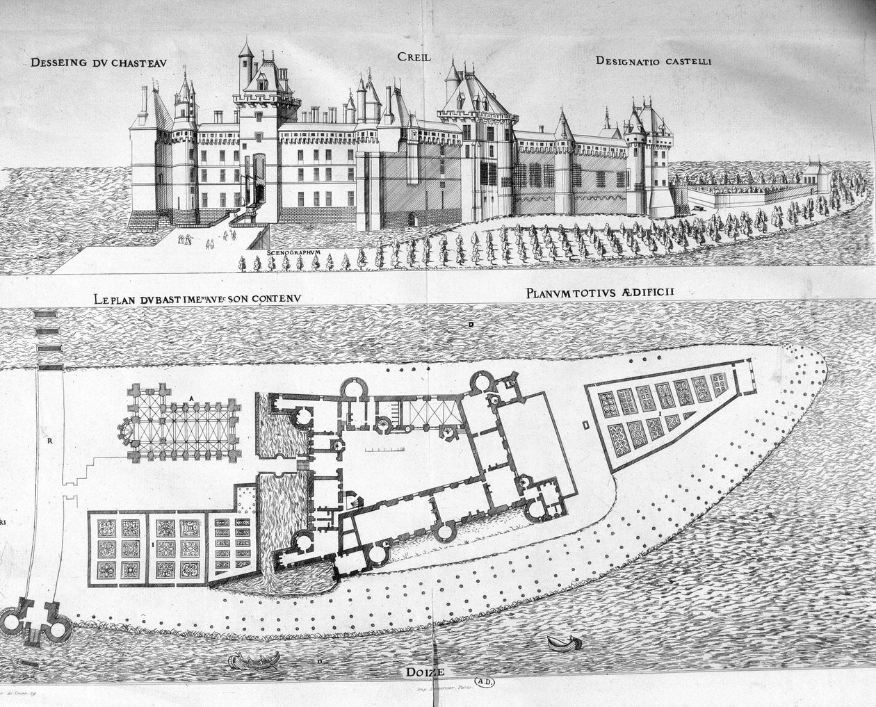 Karta över Chateau de Creil i Picardie. av School French