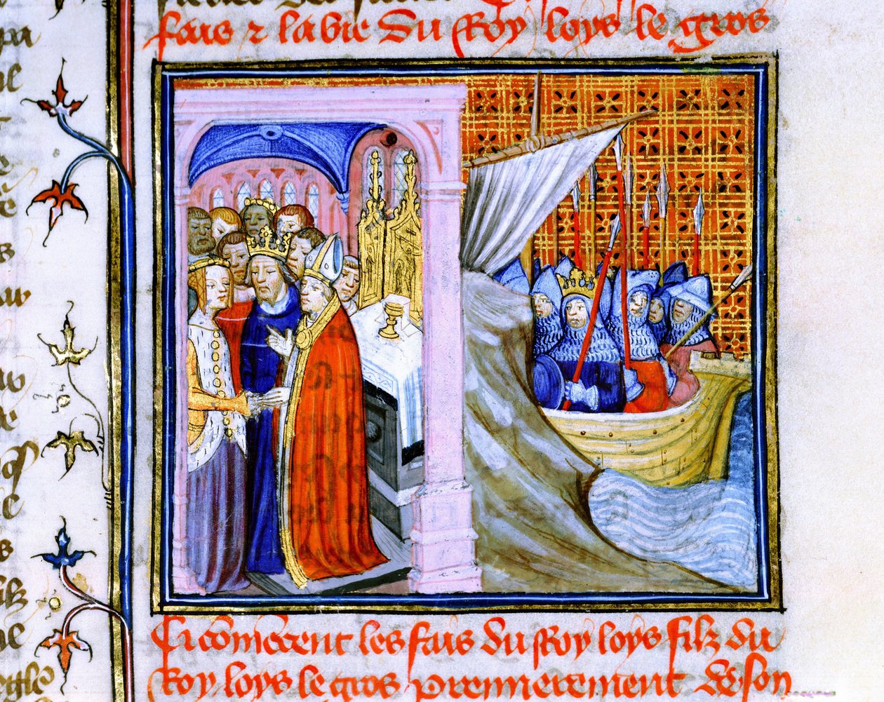 Eleonora av Akvitaniens äktenskap med Ludvig VII av Frankrike (1137) till vänster, och avfärd till andra korståget 1147-1149, från "Chronique de St Denis" (pergament) av School French