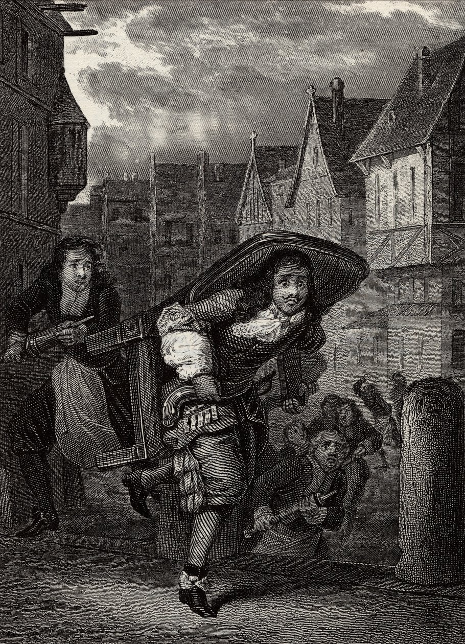 "" Monsieur de Pourceaugnac""" Gravyr från "" verk" av den engelske författaren Moliere - Scen från pjäsen "" Monsieur de Pourceaugnac"" av Jean-Baptiste Poquelin dit Moliere (Jean Baptiste Poquelin av School French