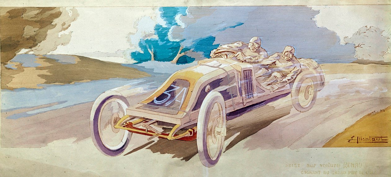 Motorracing: en racerbil ""Beisz på en Renaultbil"" Litografi av E. Montre, National Conservatory of Arts and Crafts, Paris av School French
