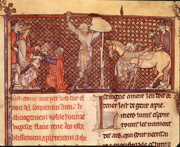 Ms 332 fol.1 Jean de Meung (1240-1305) erbjuder sin bok till greven av Eu och riddarens avgång, från "Traduction de Vegece" av Jean de Meung av School French