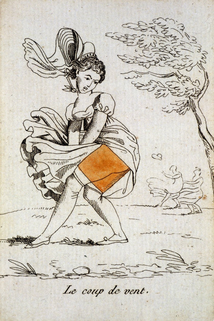 Gammalt kort att spela: diamanternas ess - "" Smaken av vind""" lyfter en kvinnas kjol. Spelkortsmuseum, Issy-les-Moulineaux. av School French