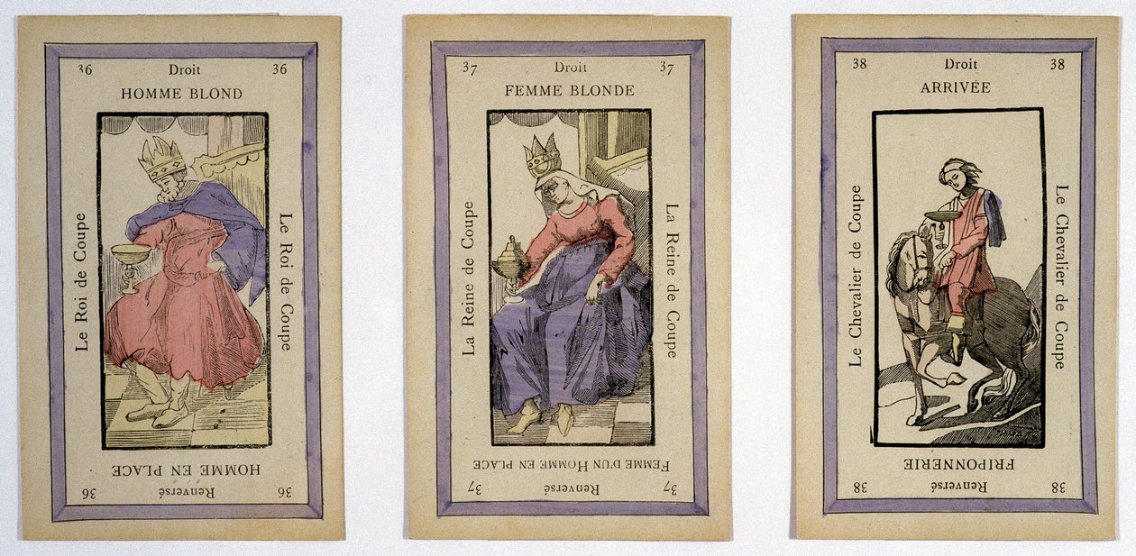 Gamla kort att spela med kungen (blond man), damen (blond kvinna) och ryttaren (avsluta) cupen. Musée de la Carte à Joueur, Issy-les-Moulineaux. av School French