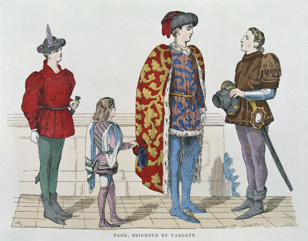 Page boy, herre och betjänt (färg litho) av School French