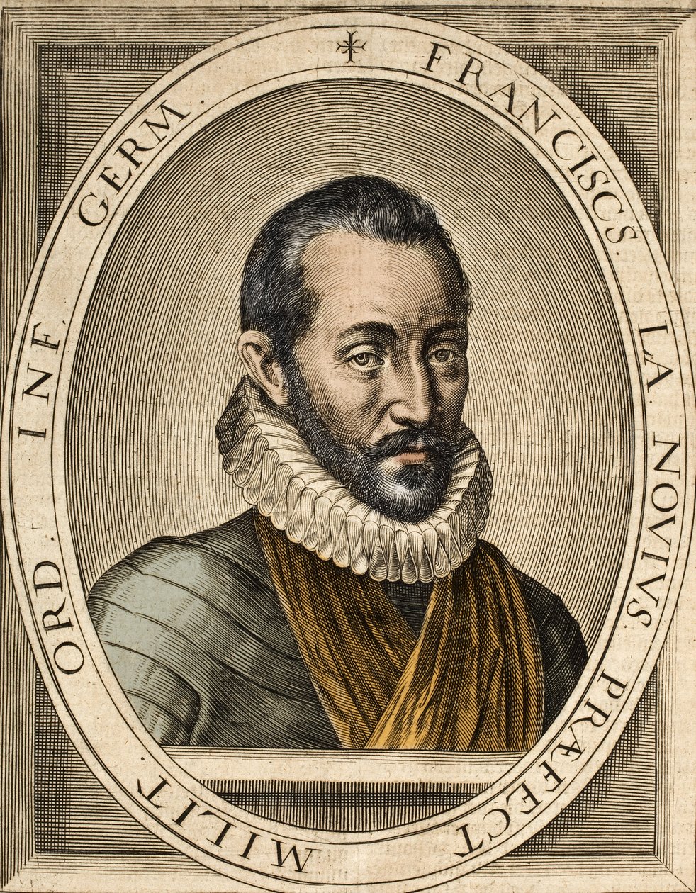 Porträtt av Francois de La Noue (1531-1591), författare till franska politiska och militära tal - Francois de la Noue kallad Bras-de-Fer (järnarm) av School French