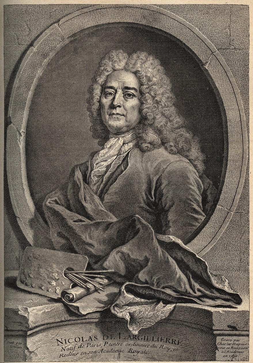 Porträtt av Nicolas de Largillierre (Largillier) (1656-1746) Fransk målaregravyr av Dupuis efter målningen av Gueuslain av School French