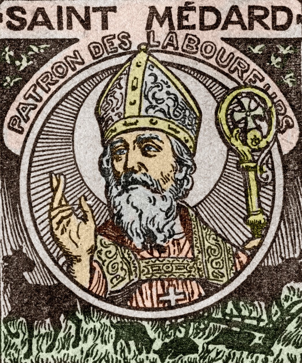 Porträtt av Saint Medard, Medardus, biskop av Noyon, från "Almanach du Pelerin av School French