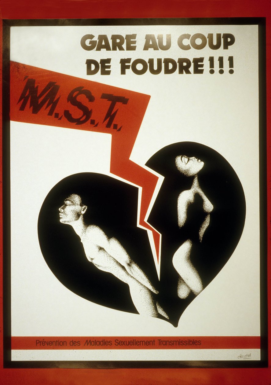 Affischkampanj för säkert sex (färglitografi) av School French