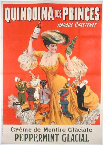 Affisch som reklamerar "Quinquina des Princes" fransk creme de menthe (litho i färg) av School French