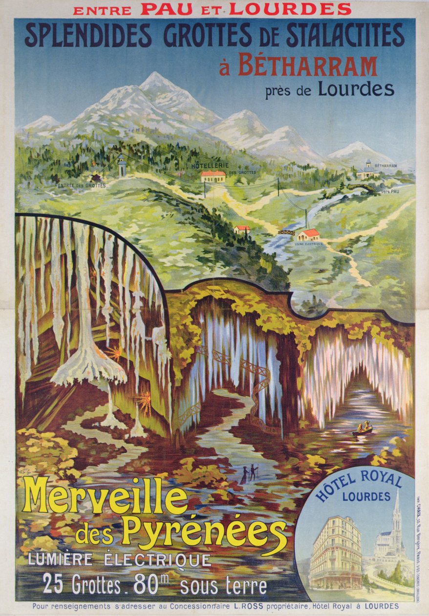Affisch som reklamerar Betharram-grottorna, Pyrenéernas underverk, mellan Pau och Lourdes, ca 1900 (färg litho) av School French