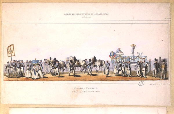 Procession av Meuniers-Fariniers (Millers) i Strasbourg, 25 juni 1840 (färg litho) av School French