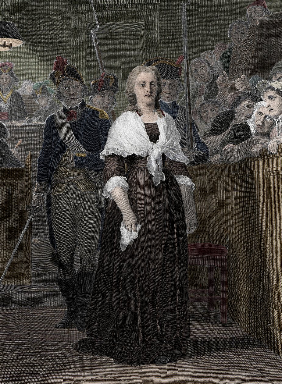 Drottning Marie Antoinette (1755-1793) dömd av revolutionsdomstolen i oktober 1793” (drottning av Frankrike Marie-Antoinette (1755-1793) under hennes rättegång vid revolutionsdomstolen, oktober 1793) av School French