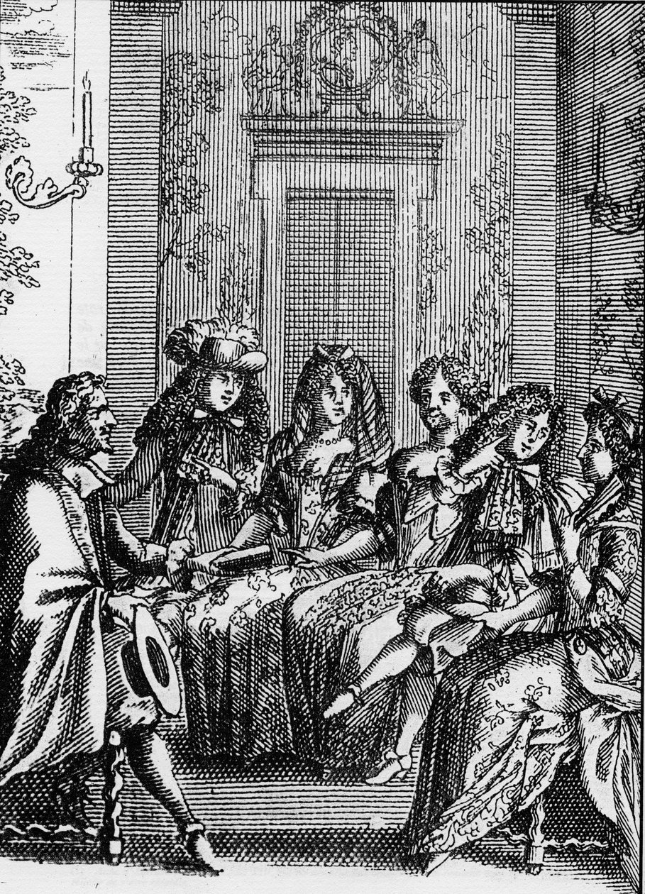Representation av en scen i pjäsen "" La critique de l’ecole des femmes"" (1663) av Jean Baptiste Poquelin dit Moliere (1622-1673). av School French