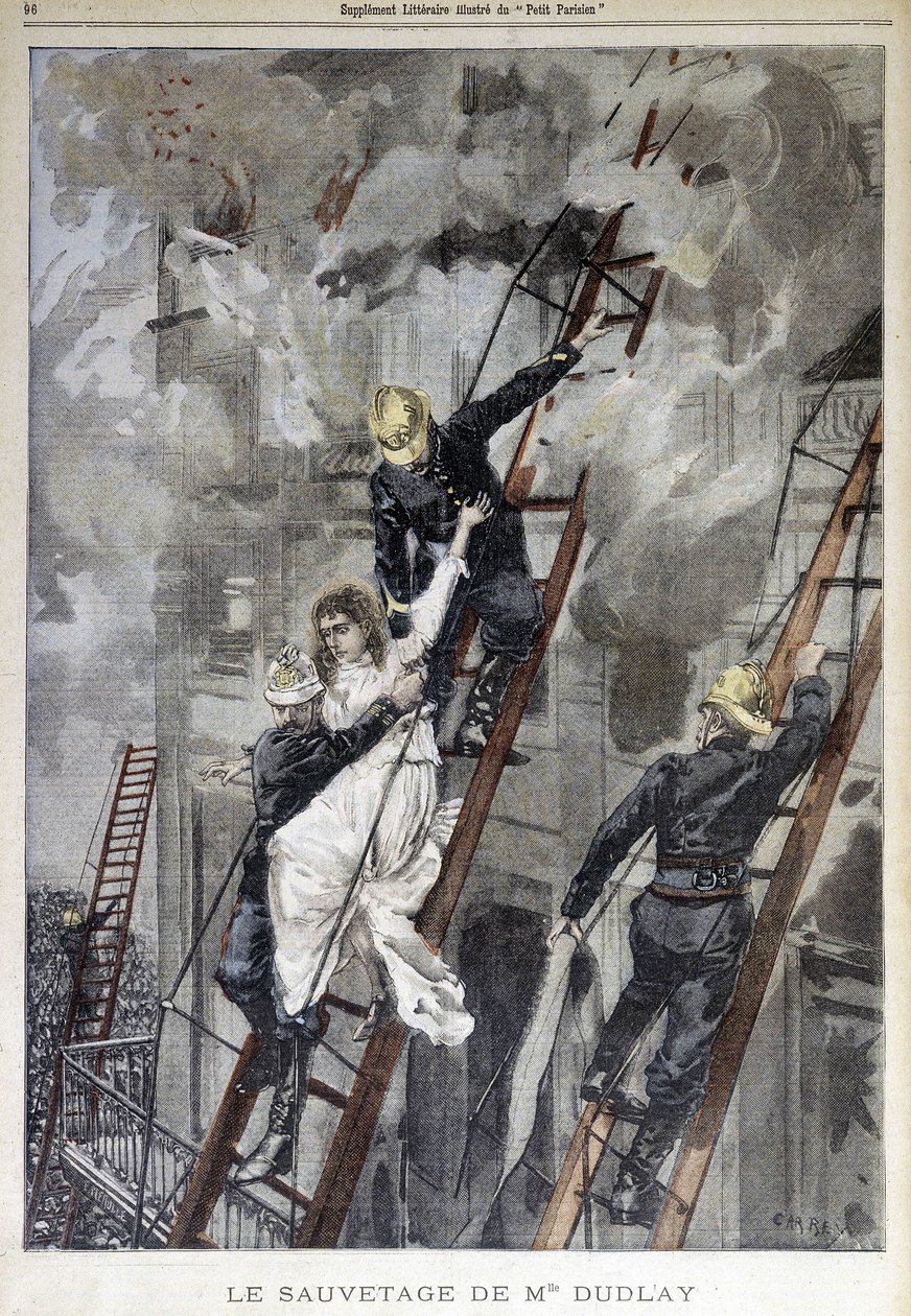 Räddning av Mrs. Duplay av brandmännen - i "Le Petit Parisien", n.d. av School French