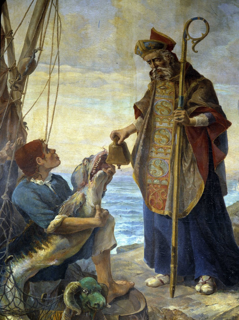 St Pol de Leon tar emot av en fisk, på ön Batz, klockan som kung Mark hade vägrat honom i Ouessant, v. 530 - målning av kyrkan Morlaix av School French