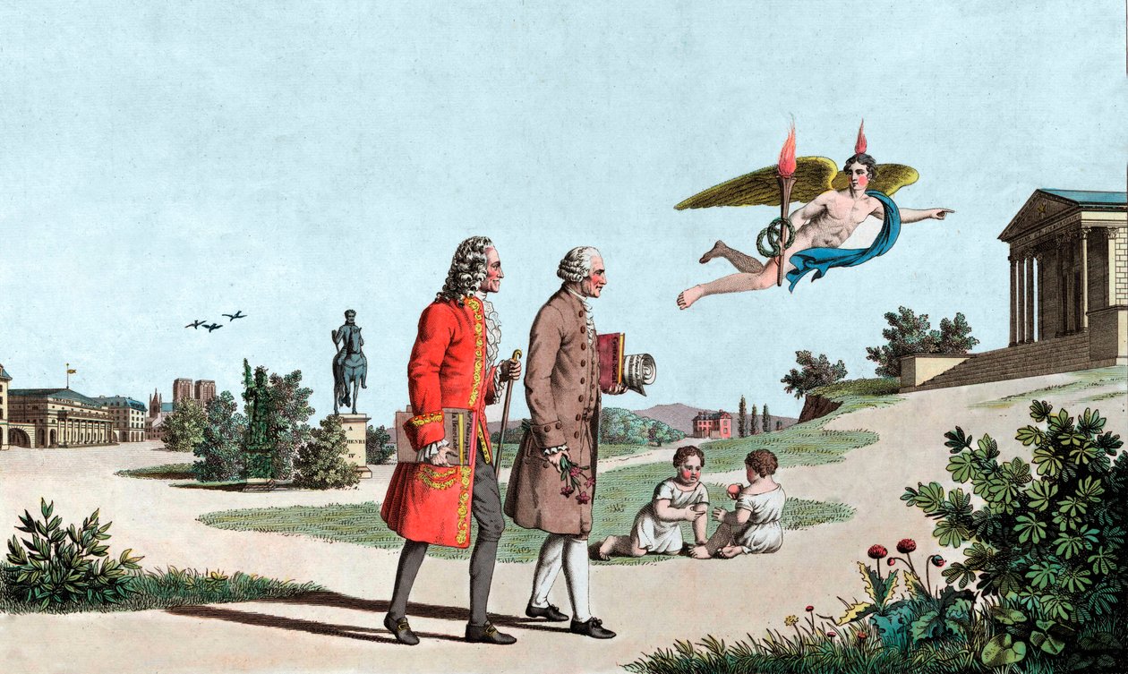 The Spirit of Voltaire och Jean Jacques Rousseau leder dem till Immortality Temple - the Genie of Voltaire (François Marie Arouet, dit Voltaire av School French