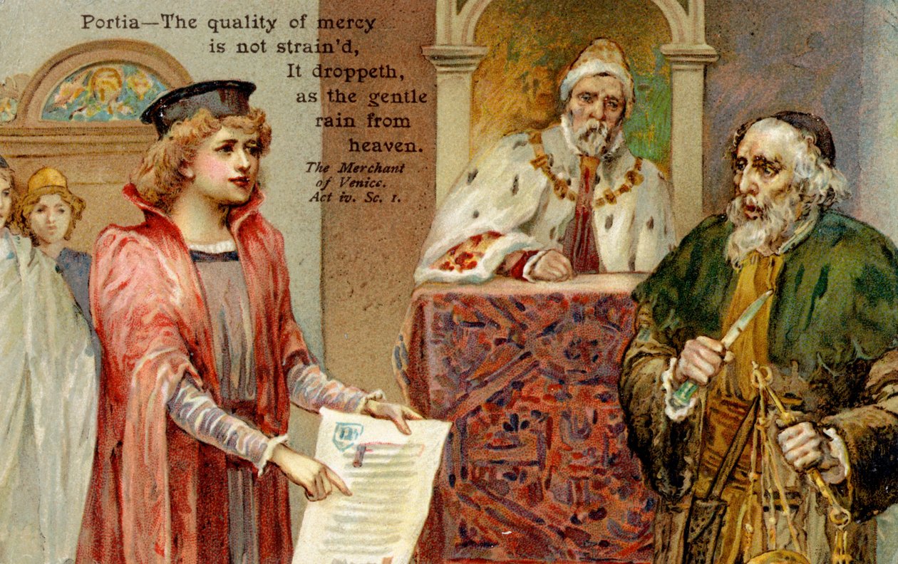 Akt IV, scen I ur "Köpmannen i Venedig" av William Shakespeare (tryck) av School German