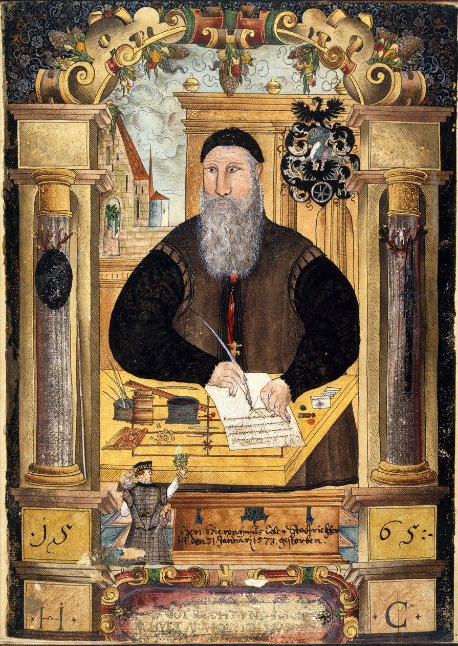 Lägg till 15217 fol.1 Porträtt av Jerome Coeler den äldre (d.1573) från en samling memoarer från familjen Coeler, Nürnberg av School German