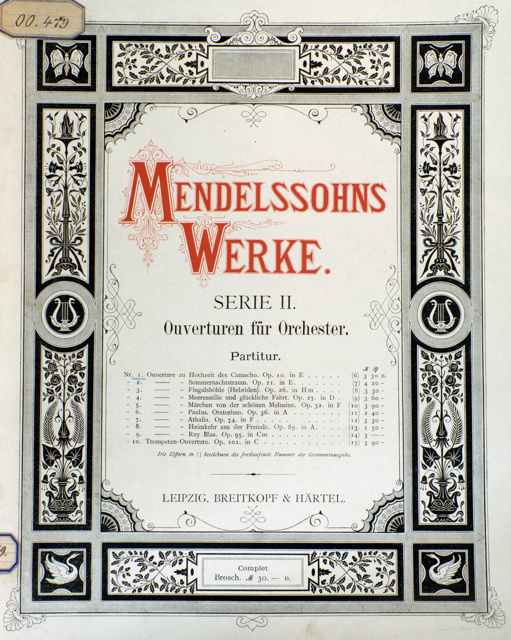 Omslag till partituren "Ouverture Op. 10 för orkester" av Felix Mendelssohn (färg litho) av School German