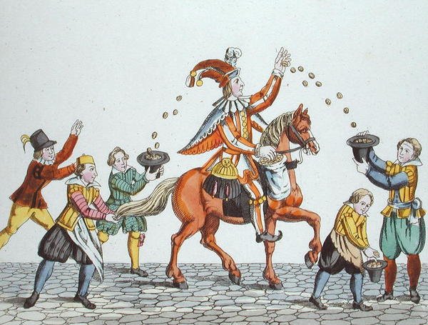 Gycklare på en kastanjehäst som kastar mat till barn, från "Gamla Nürnbergs seder och seder i spel och sånger", återutgiven 1831 (lito i färg) av School German