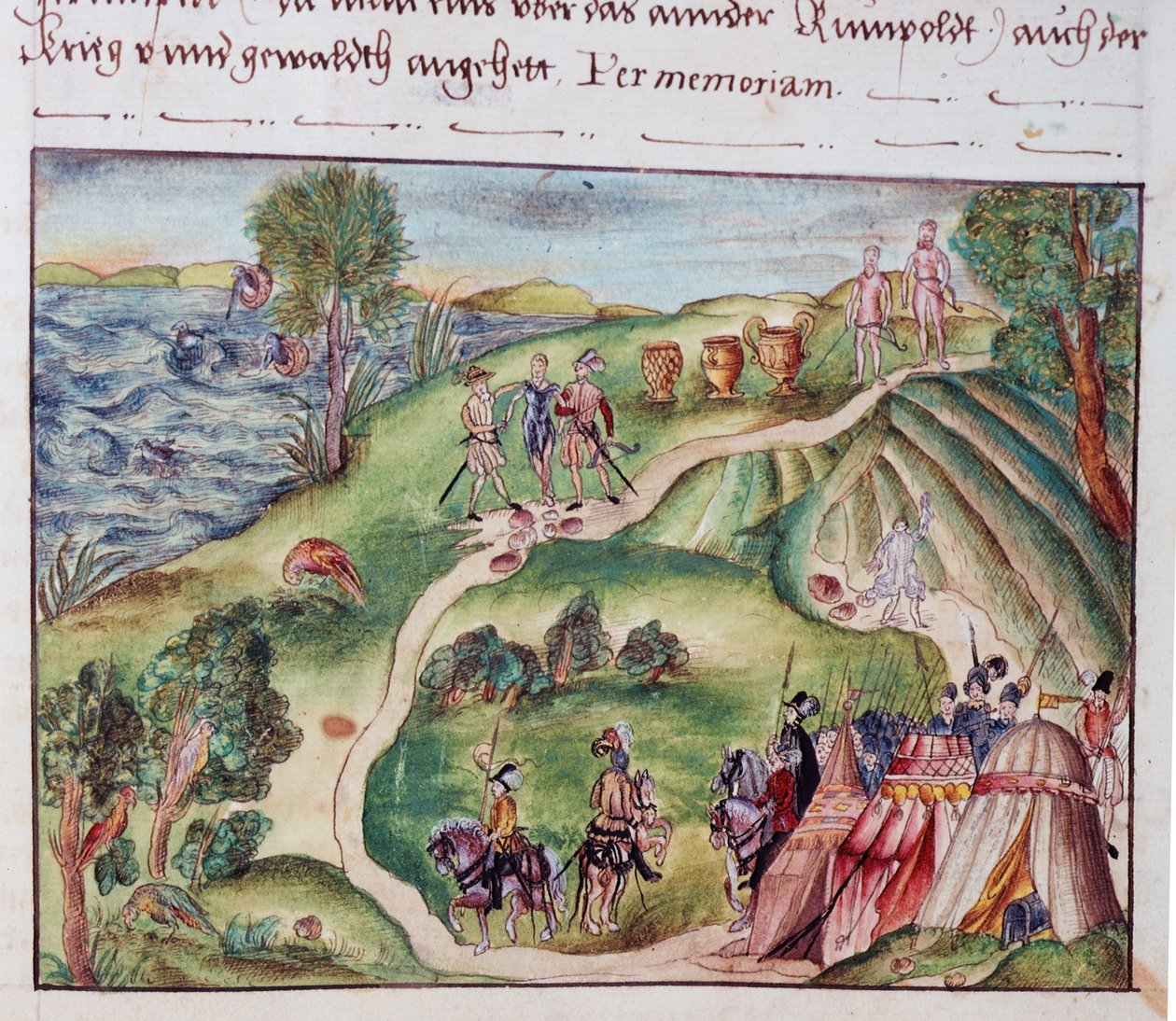 MS Add.15217 fol.40 Ett venezuelanskt landskap med ett spanskt läger, från en samling memoarer från familjen Coeler, Nürnberg av School German