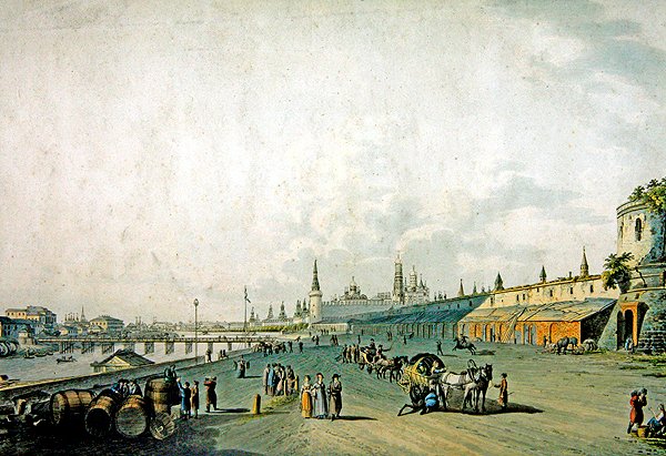 Moskva, utsikt över Kreml och Moskvas kaj (gravyr med akvarell) av School German