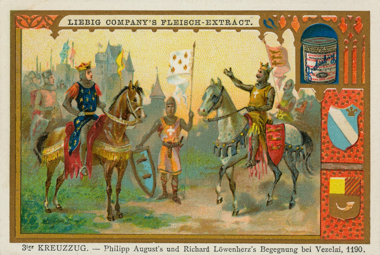 Filip II Augustus och Rikard Lejonhjärta vid Vézelay, tredje korståget, Liebigkort (tryck) av School German