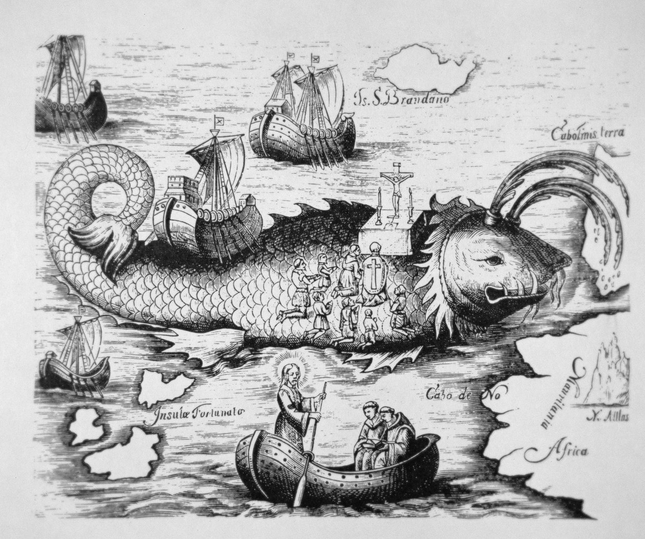 St Brendan firar mässa på ryggen av en gigantisk fisk mellan Kanarieöarna och den mytomspunna Isle of St Brandano (gravyr) av School German