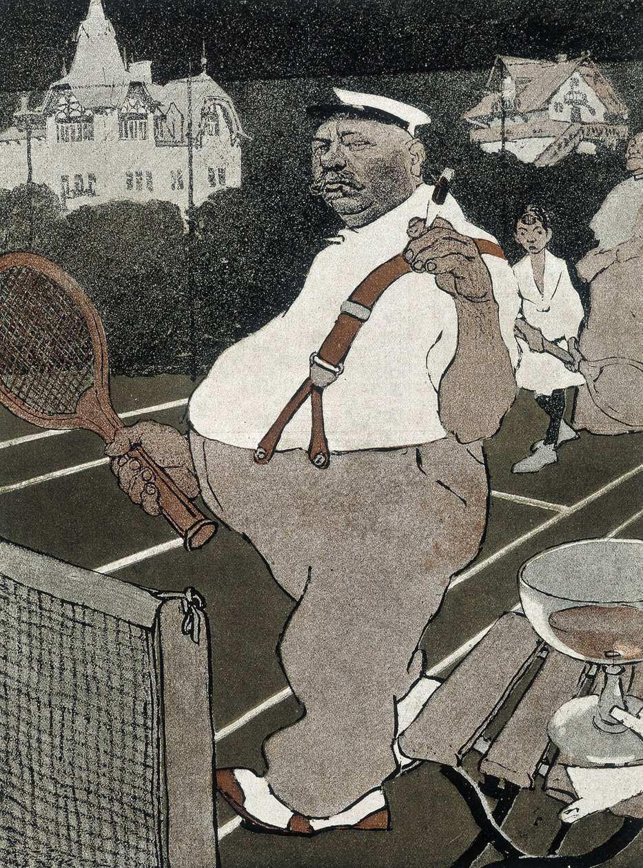 Tennis: tjock man, röker och dricker alkohol, spelar tennis - tysk tecknad film av School German