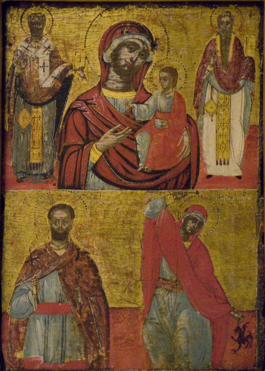 Madonna, Child, And Saints (tempera på träpanel) av School Greek