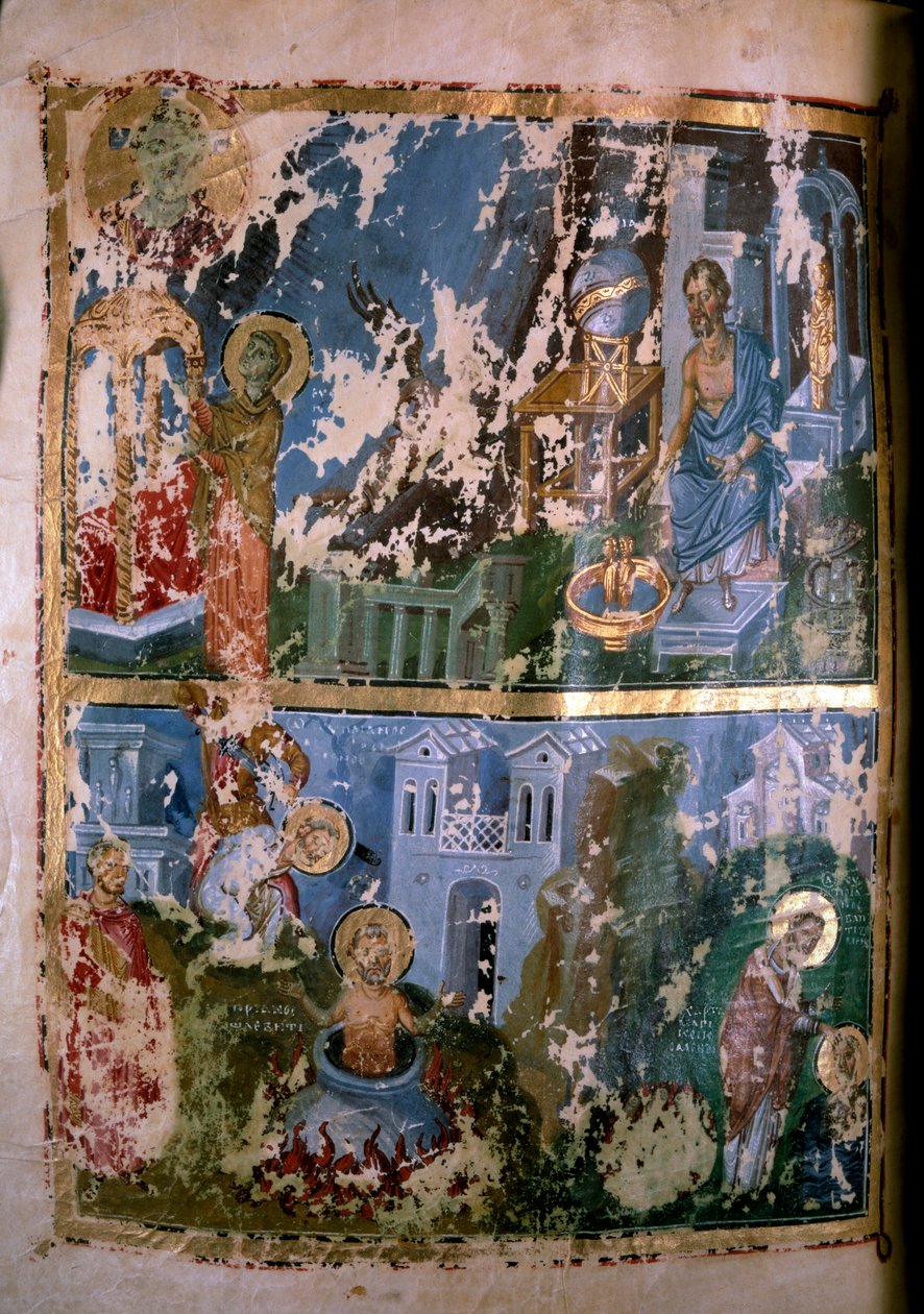 Scener från Saint Cyprianus liv. Miniatyr i "" Homelies. Orationes”” av Saint Gregoire of Byzantium of Nazianze (eller Naziance) (328-390), 879-882. Grekiskt manuskript. Paris, NL av School Greek