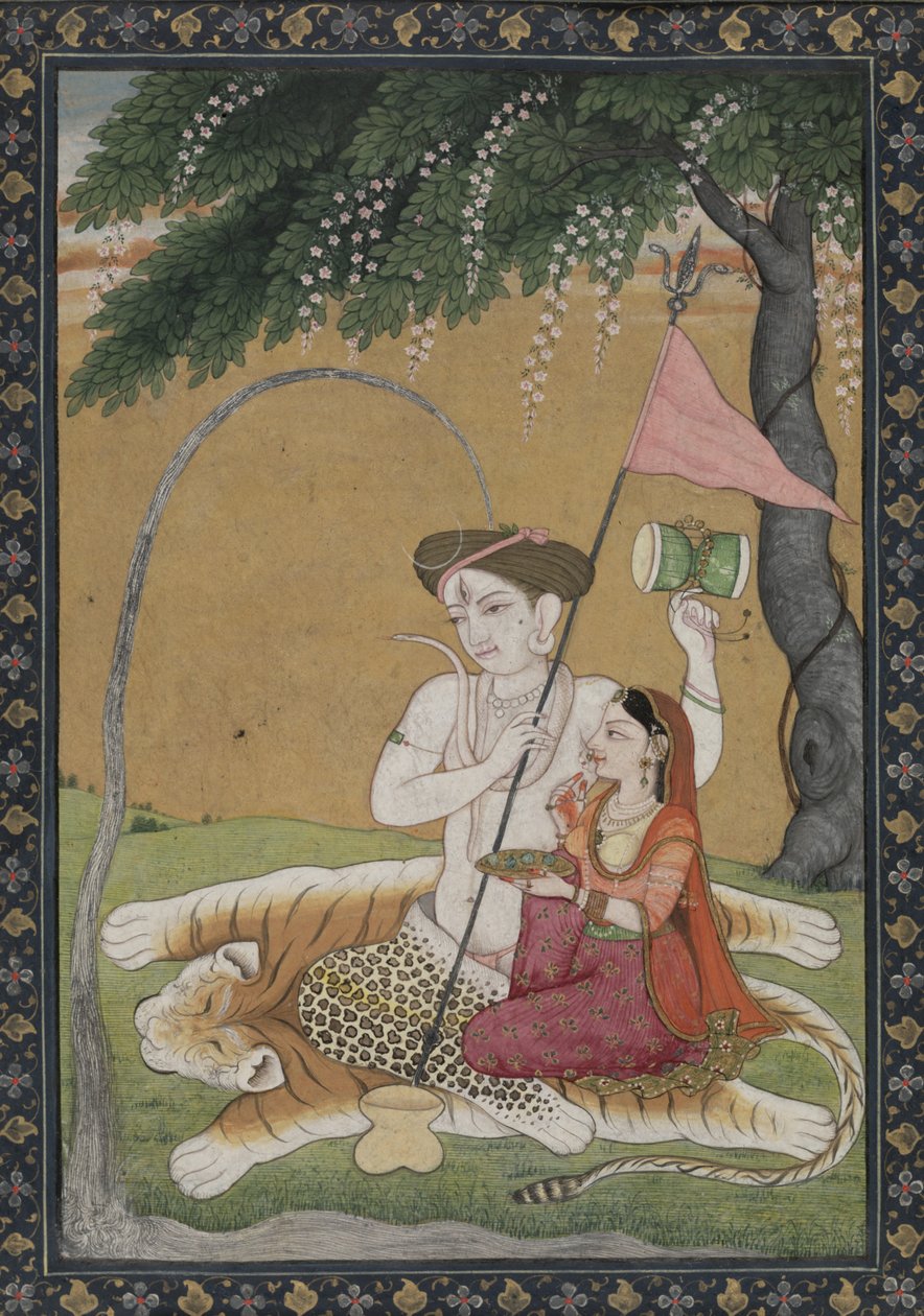 Shiva och Parvati på tigerskinn, ca 1800 (akvarell med guld och silver) av School Guler