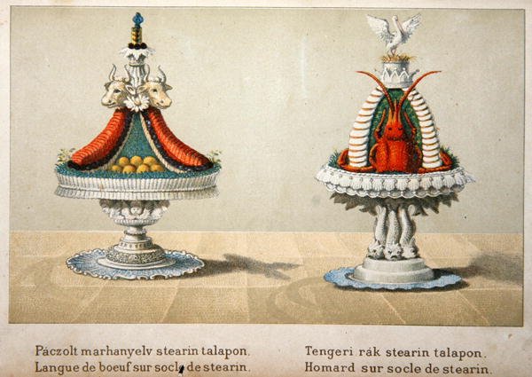 Design för presentation av oxtunga på en bädd av stearin och för hummer, illustration från en ungersk kokbok om fransk matlagning, ca 1880 (litografi i färg). av School Hungarian