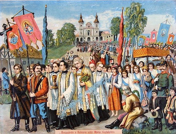 Pilgrimsfärd till Jungfru Marias ära (färg litho) av School Hungarian