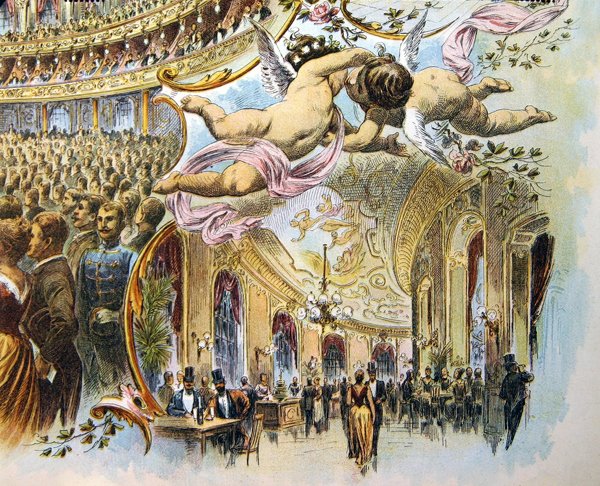 Promenade av Somossy Orfeum i Budapest, slutet av artonhundratalet (färg litho) av School Hungarian