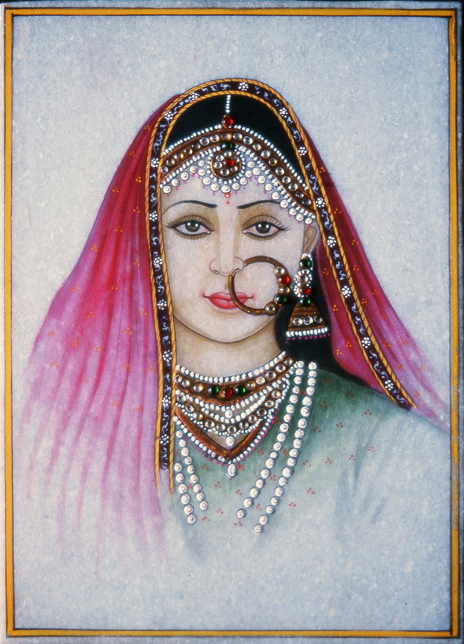 A Rajasthani Lady (gouache och akvarell på marmorplatta) av School Indian