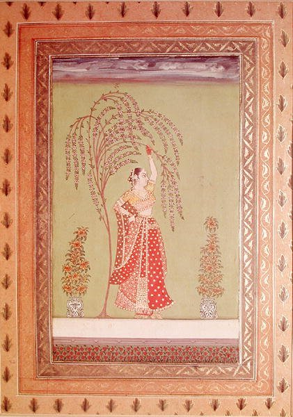 En kvinna under ett träd (gouache på papper) av School Indian