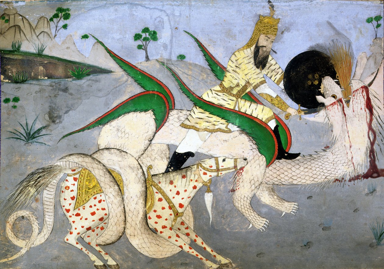 En riden krigare som attackerar en drake, illustration från en bok om indiska mystiker (bläck på papper monterat på kort) av School Indian