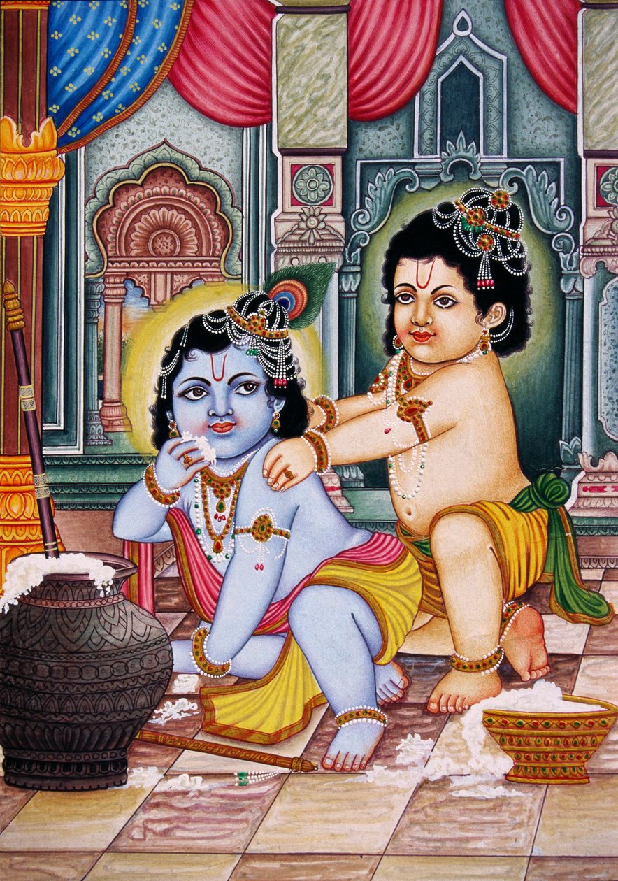 Bal Krishna med Balram Miniatyrmålning på papper av School Indian