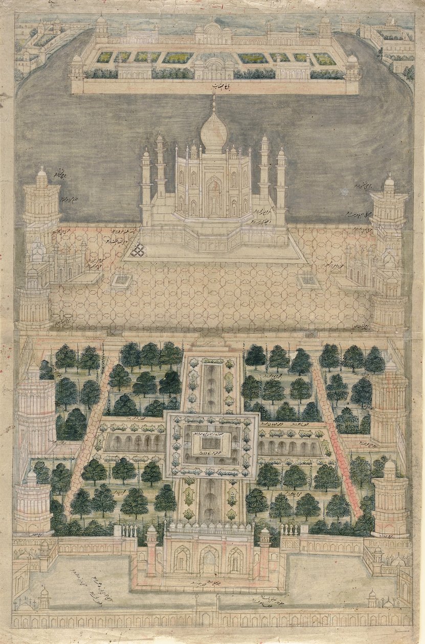 Fågelperspektiv av Taj Mahal i Agra (penna och bläck med akvarell på papper) av School Indian