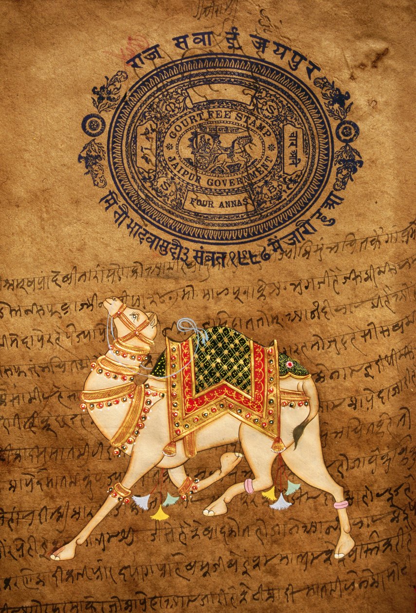 Kamel, handgjord målning och gammalt stämpelpapper, Jaipur, Rajasthan, Indien av School Indian