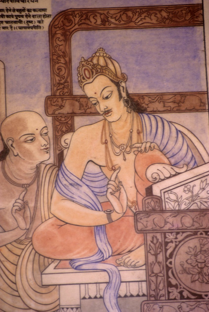 Chanakya och kung Chandragupta (akvarell på papper) av School Indian
