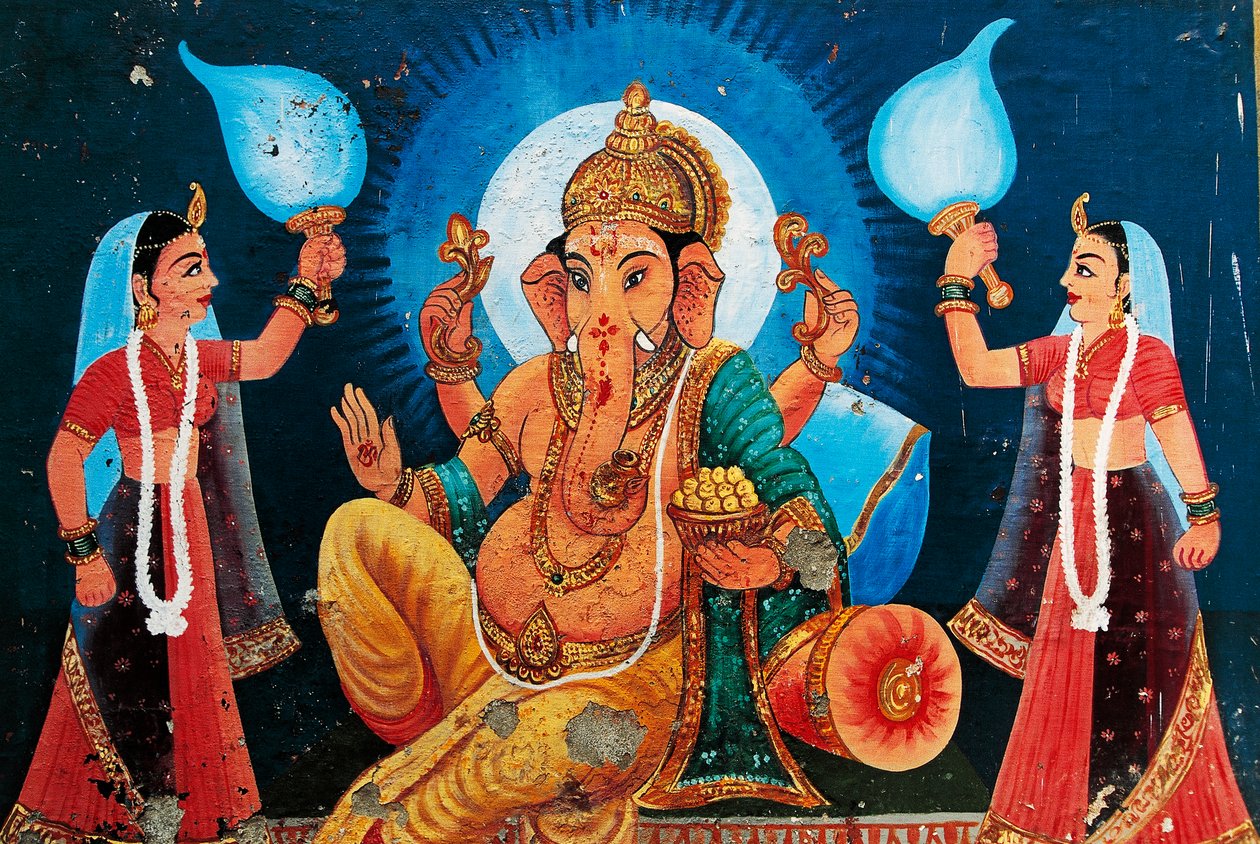 Skildring av Ganesh, Benares, Indien av School Indian