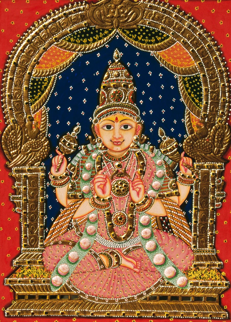 Prägling av gudinnan Saraswati, Tanjore-målning av School Indian