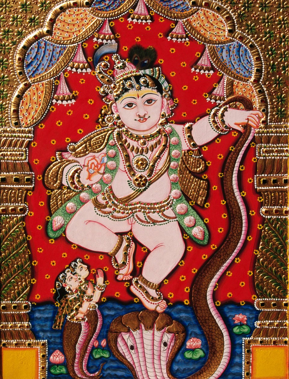Prägla Lord Bal Krishna Tanjore-målning av School Indian