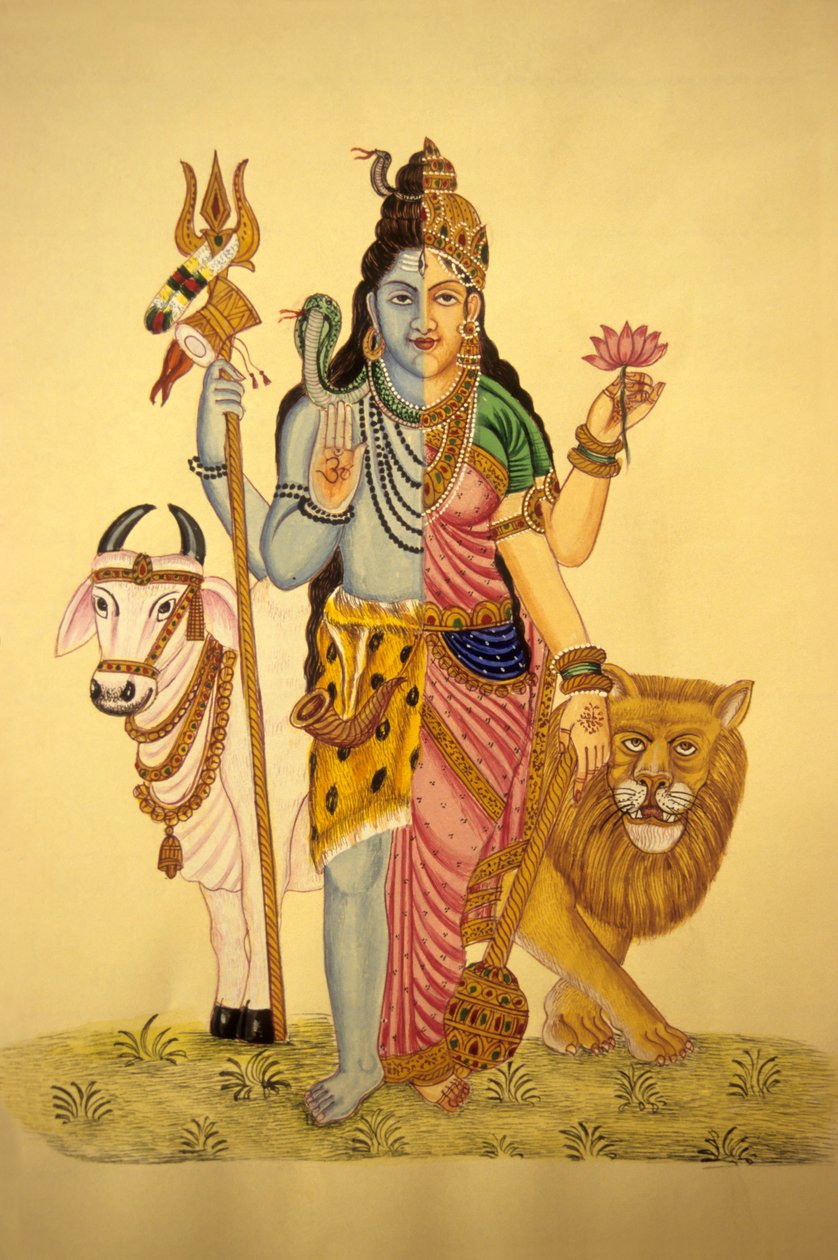 Gud Shiva i Ardnarees Wear Roop, miniatyrmålning på papper av School Indian