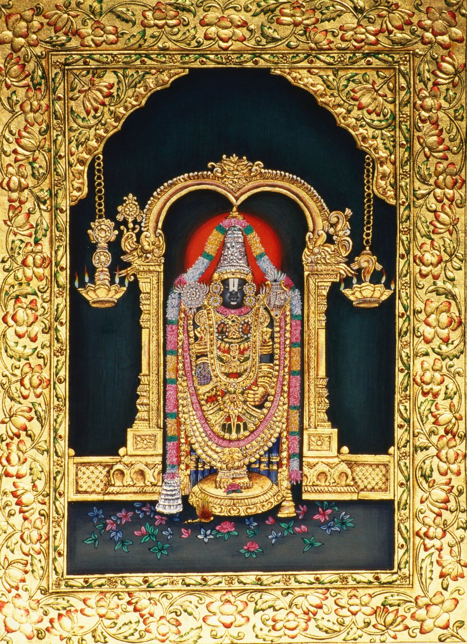 Gud Tirupati Balaji i miniatyr Panting på papper med guldprägling av School Indian