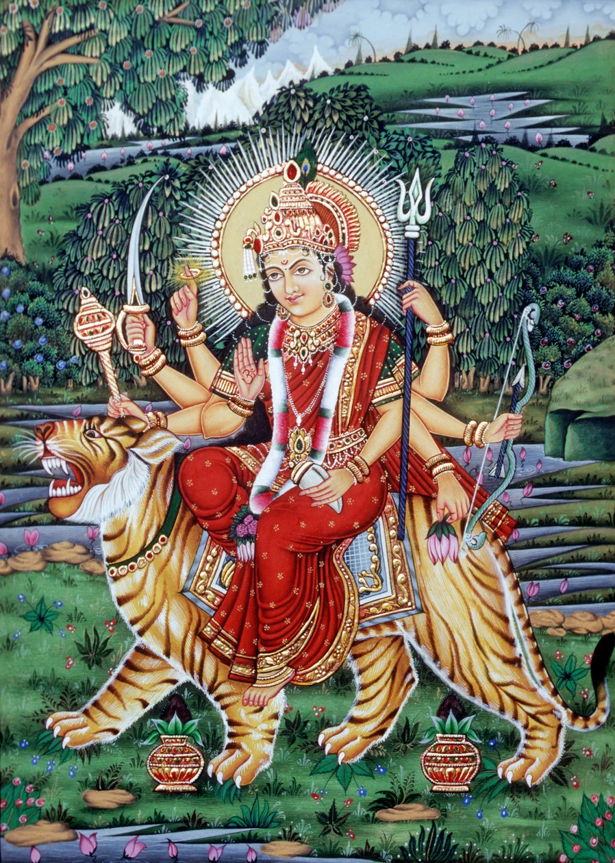 Gudinnan Durga miniatyrmålning av School Indian