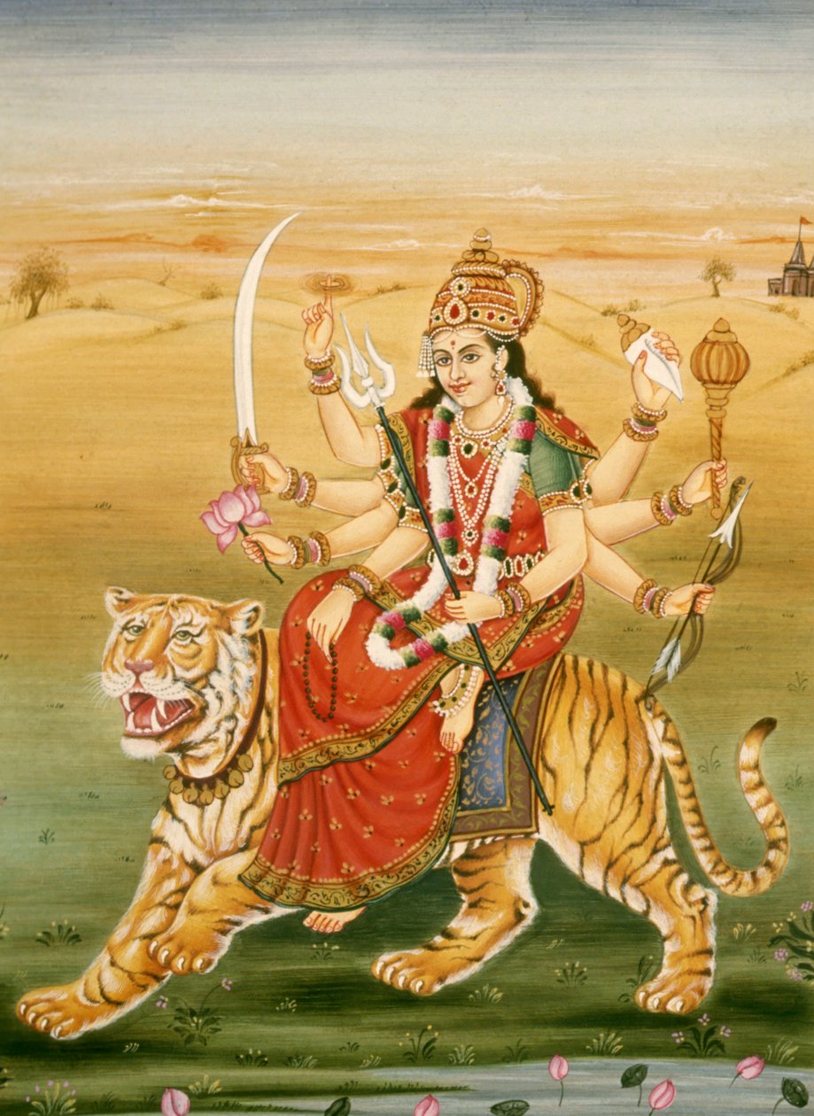 Gudinnan Durga Miniatyrmålning på papper av School Indian