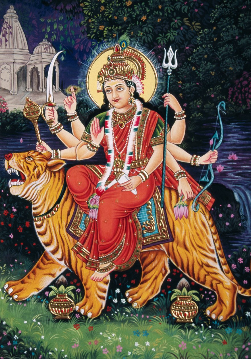 Gudinnan Durga Miniatyrmålning på papper med broderi av School Indian